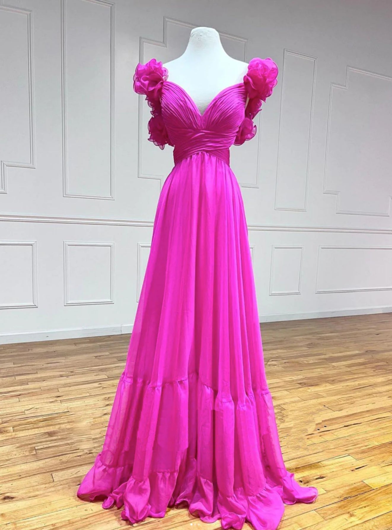 Fuchsia V-neck Pleats Backless Prom Dress