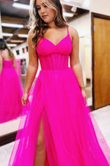 Fuchsia V-Neck Sheer Bodice A-Line Long Prom Dress with Slit