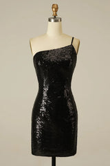 Glitter One Shoulder Tight Black Homecoming Dress