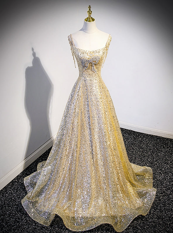 Gold Sequins Straps Beading Prom Dress