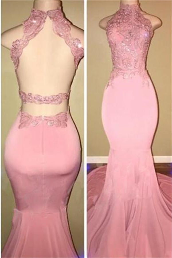 Gorgeous High Neck Pink Lace Prom Party GownsMermaid Long