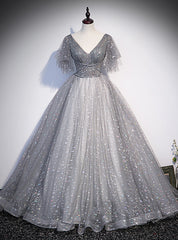 Gray Ball Gown Tulle Sequins V-neck Prom Dress