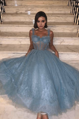 Gray Blue Tulle Lace Formal Dress Prom Dress Tulle Lace Evening Dress