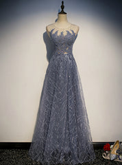 Gray Blue Tulle Sequins Appliques Beading Prom Dress