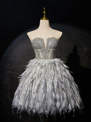 Gray Tulle Beading Feather Short Homecoming Dress