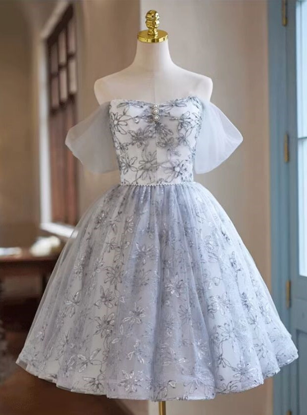 Gray Tulle Lace Sequins Homecoming Dress