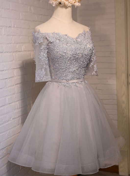 Gray Tulle Off The Shoulder Lace Homecoming Dress