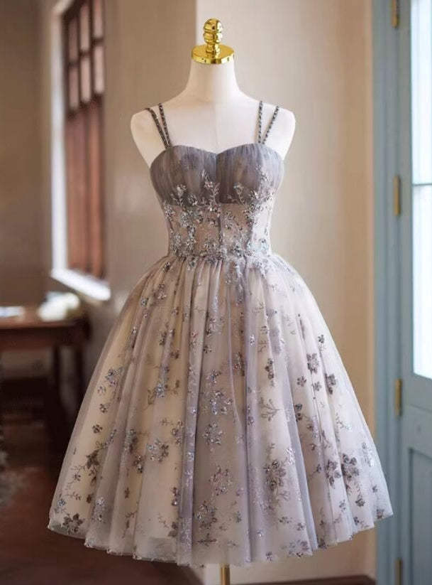 Gray Tulle Sequins Spaghetti Straps Homecoming Dress