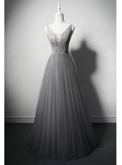 Gray Tulle V-neck Beading Prom Dress