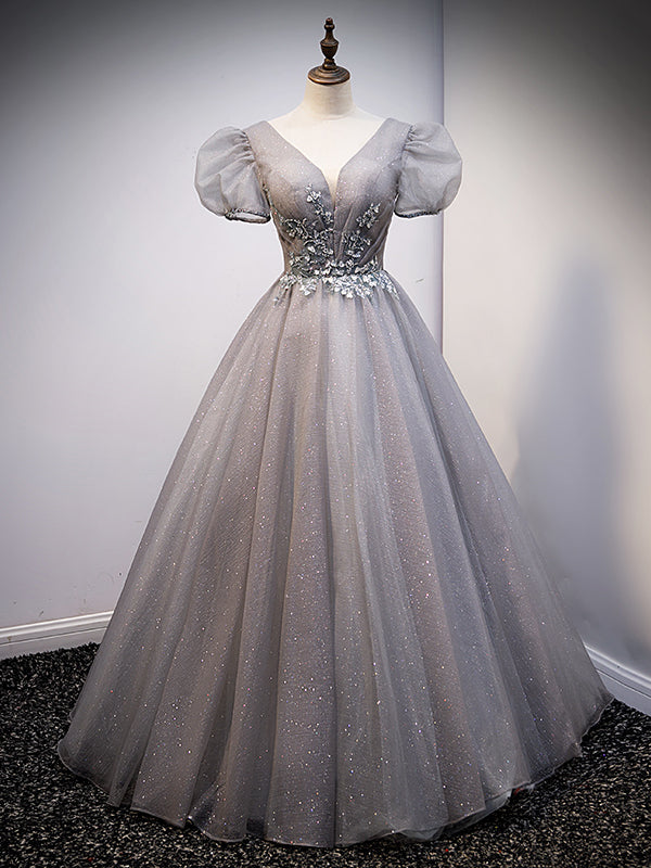 Gray Tulle V-neck Puff Sleeve Beading Prom Dress