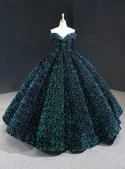 Green Ball Gown Sequins Off the Shoulder Luxury Prom Dress