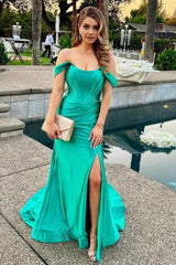 Green Corset Off the Shoulder Long Prom Dress with Slit