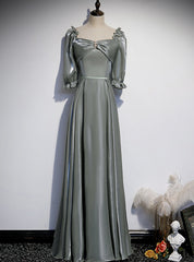 Green Long Sleeve Square Pearls Prom Dress