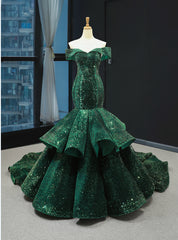 Green Mermaid Sequins Off the Shoulder Luxury Prom Dress With Train