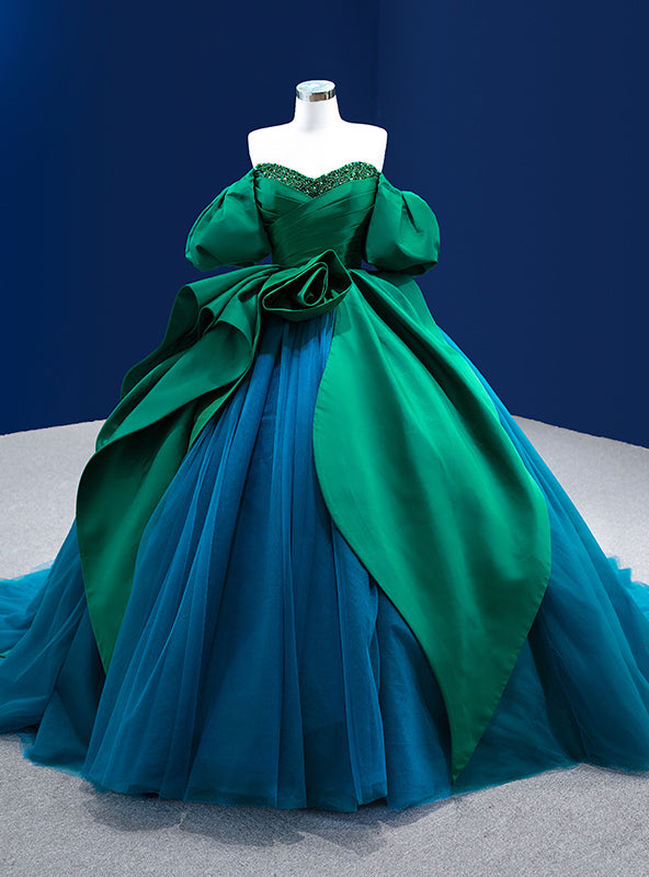 Green Satin Blue Tulle Puff Sleeve Beading Prom Dress