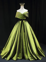 Green Satin Off the Shoulder Pleats Prom Dress With Belt