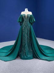 Green Satin Puff Sleeve Sequins Beading Prom Dress