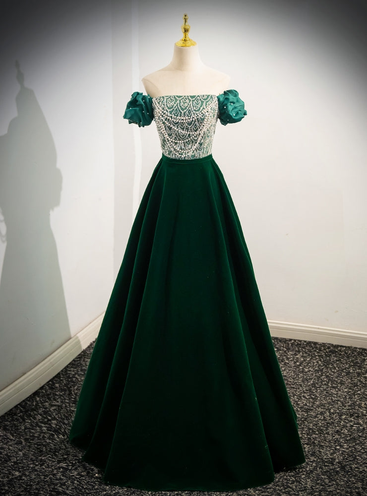 Green Satin Sequins Puff Sleeve Prom Dress