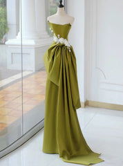 Green Satin Strapless Appliques Prom Dress