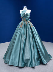 Green Satin Strapless Beading Prom Dress