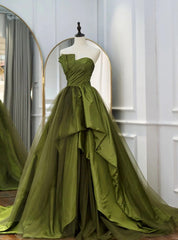 Green Strapless Satin Pleats Prom Dress