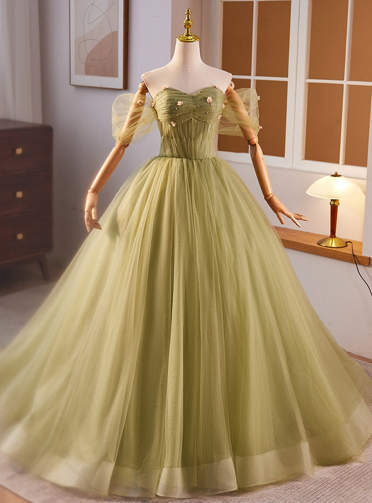 Green Tulle Off the Shoulder Pleats Flower prom Dress