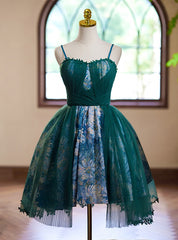 Green Tulle Print Spaghetti Straps Homecoming Dress