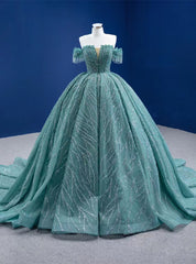 Green Tulle Sequins Off the Shoulder Prom Dress