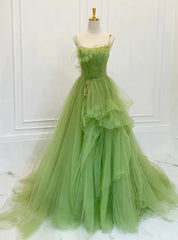 Green Tulle Spaghetti Strap Beading Prom Dress