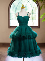 Green Tulle Spaghetti Straps Pleats Homecoming Dress