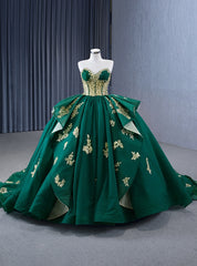 Green Tulle Sweetheart Gold Appliques Pearls Prom Dress