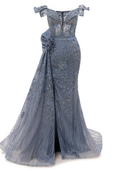 Grey Prom Dresses Mermaid Beading Tulle Off the Shoulder Women Evening Dresses