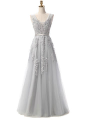 Grey V Neck Long Lace Appliques Prom Dresses