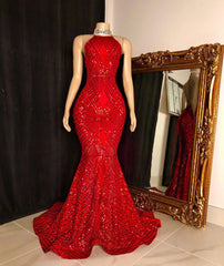 Halter Lace-up Sequins Floor Length Red Mermaid Prom Dresses