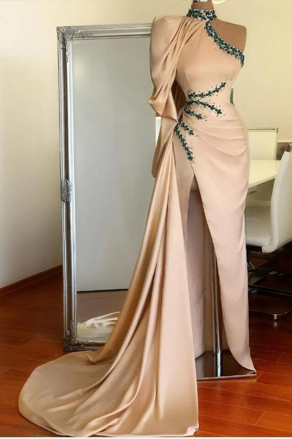 Halter Mermaid Evening Gown with Cape One Shoulder Front Split Prom Party Gowns