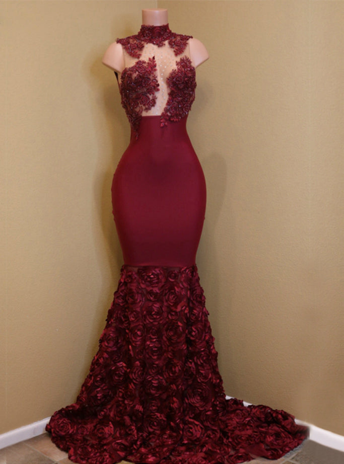 High Neck Lace Mermaid Flowers Burgundy Party Prom Dress