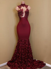 High Neck Lace Mermaid Flowers Burgundy Party Prom Dress