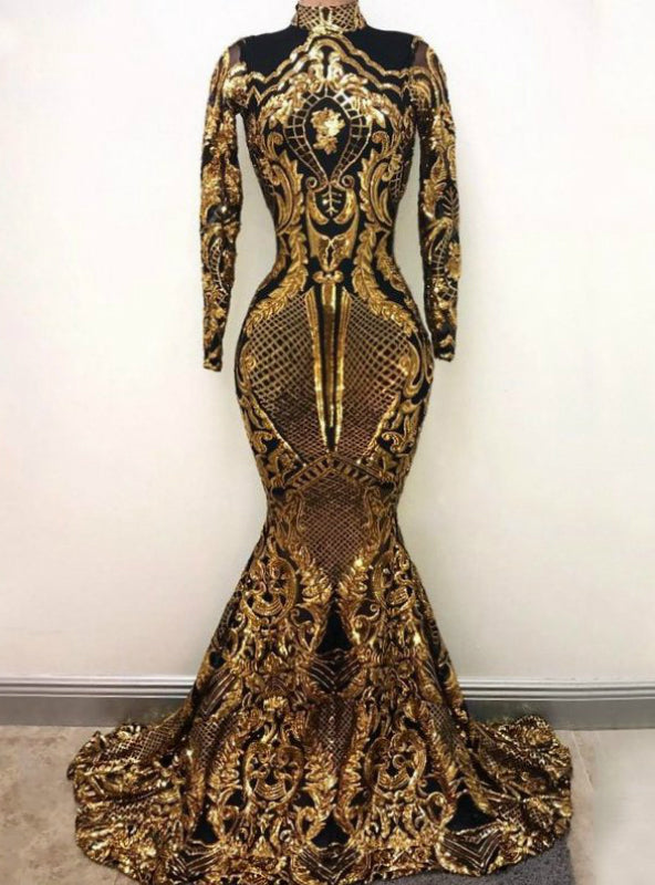 High Neck Mermaid Long Sleeve Gold Sequin Sparkly Prom Dress