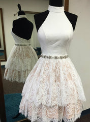 High Neck White Homecoming Dress Cheap Prom Dress Short Short Lace Backless Homecoming Dress