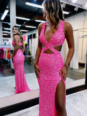 Hot Pink Mermaid V Neck Sequins Prom Dress with Slit