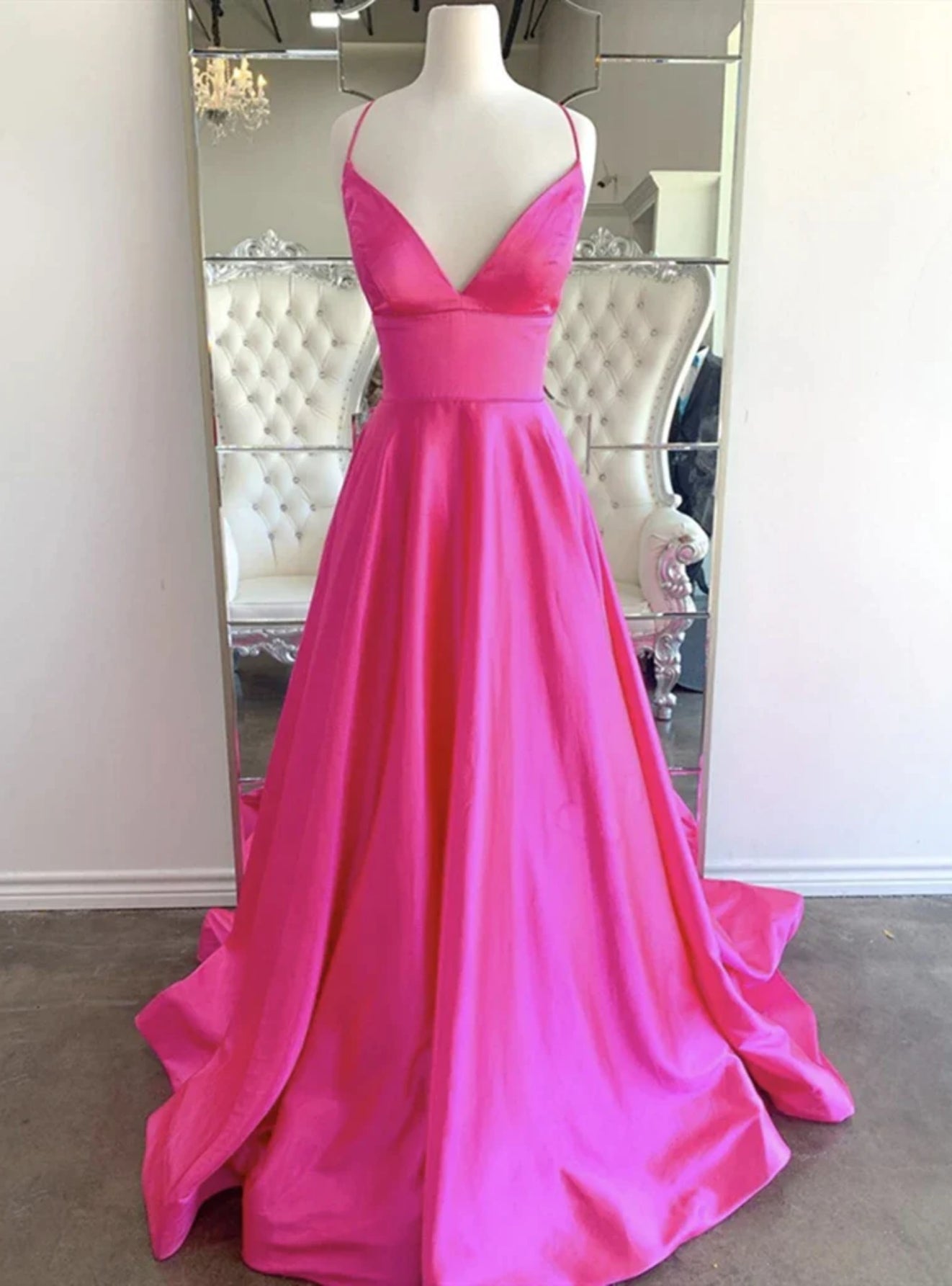 Hot Pink Satin Spaghetti Straps Prom Dress