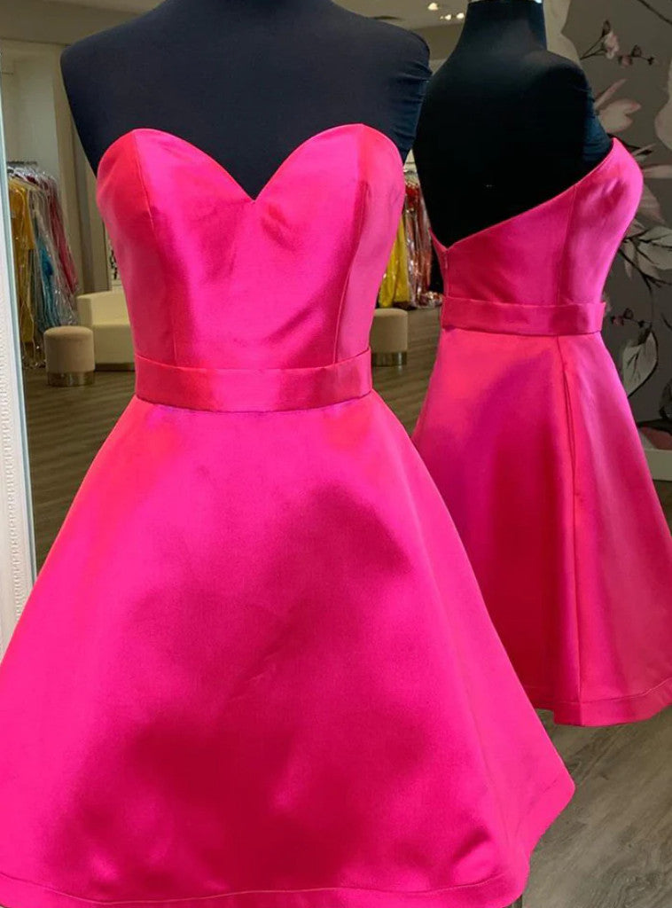 Hot Pink Satin Strapless Homecoming Dress