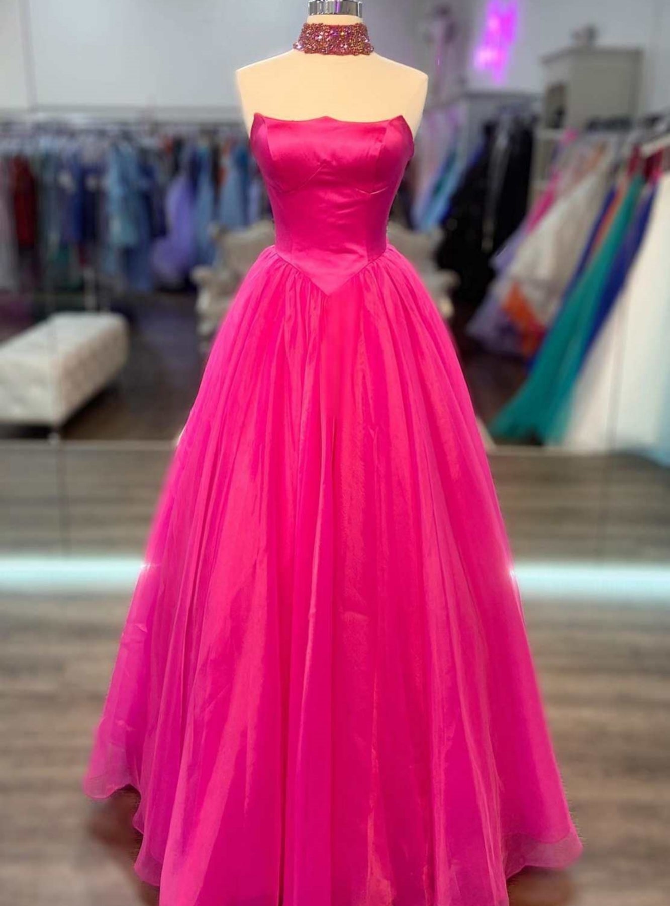 Hot Pink Satin Tulle Strapless Prom Dress