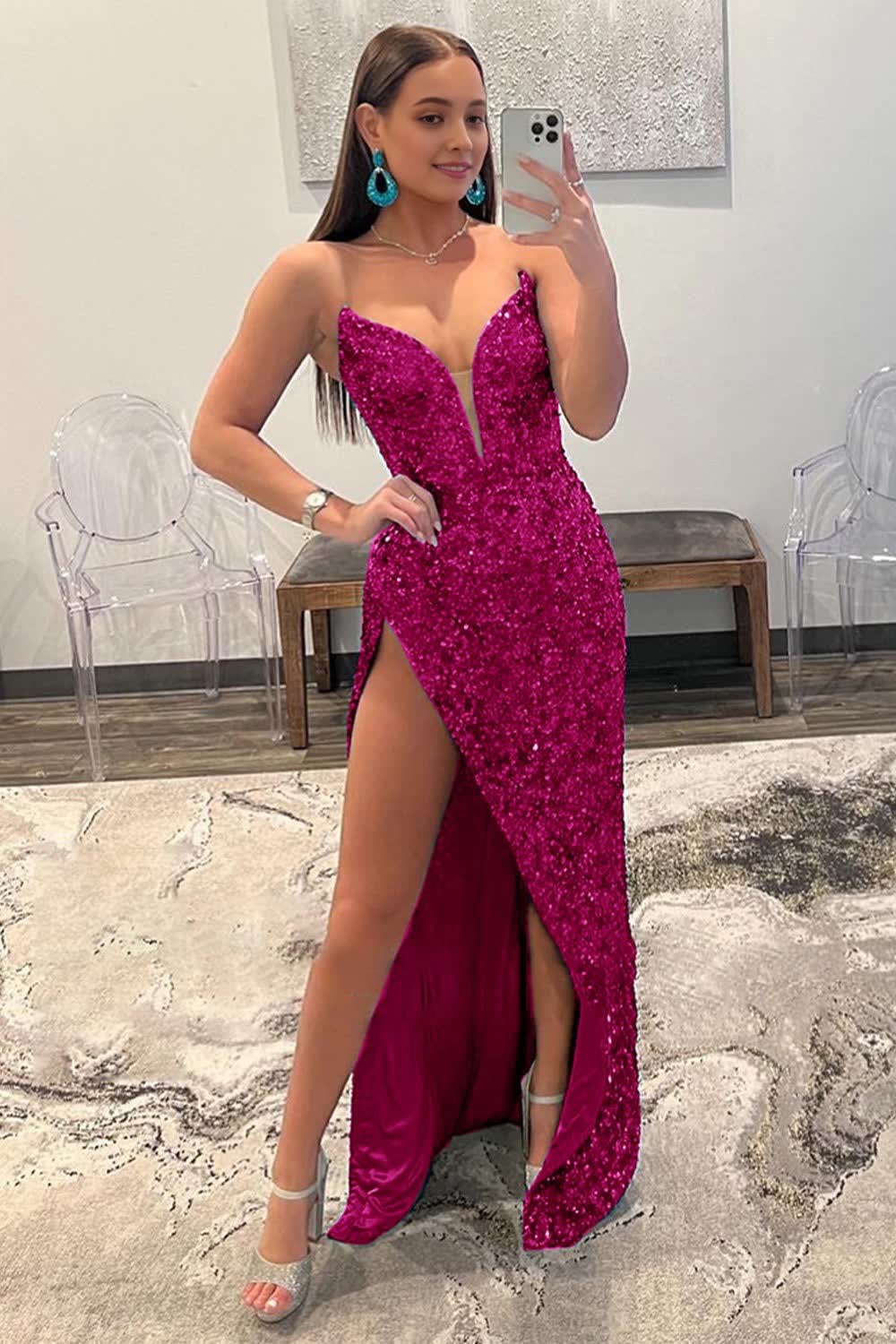 Hot Pink Strapless Sequin Prom Dress with Slit