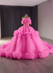 Hot Pink Tulle Off the Shoulder Sequins Prom Dress