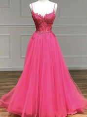 Hot Pink Tulle Spaghetti Straps Appliques Prom Dress