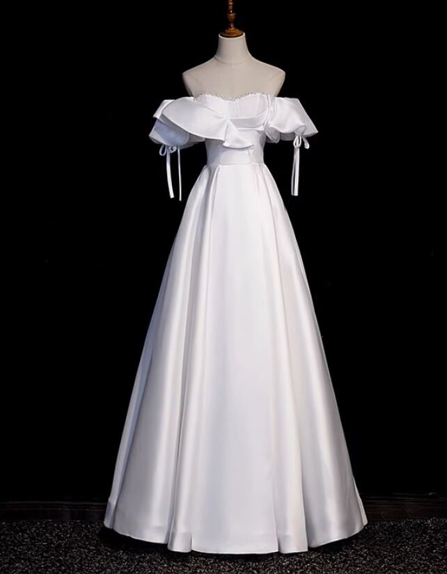 Impressive White Satin Off the Shoulder Beading Prom Dress