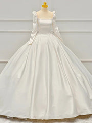 Ivory Satin Long Sleeve Square Pearls Wedding Dress