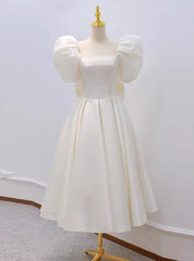 Ivory Satin Square Puff Sleeve Short Wedding Dress