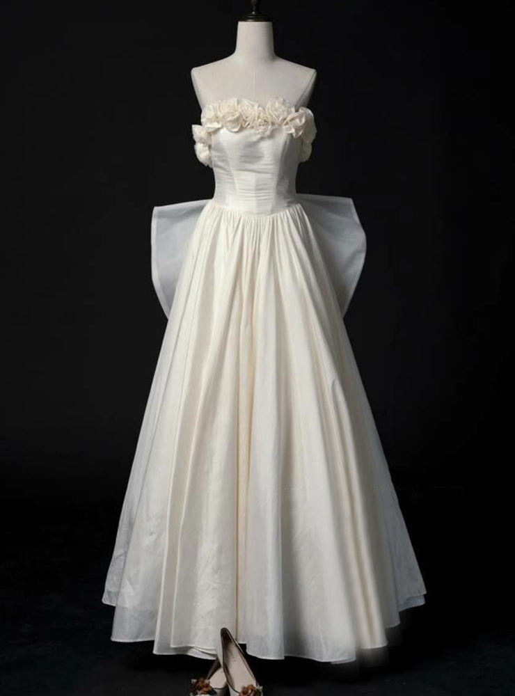 Ivory Satin Strapless Pleats Flower Wedding Dress